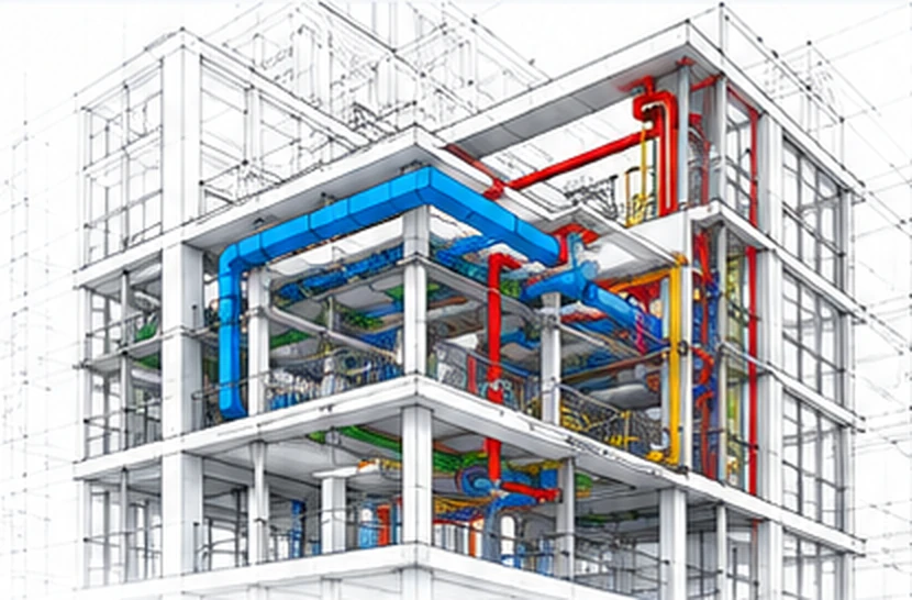 Multidiscipline BIM model showing building structure, ductwork, piping and electrical systems