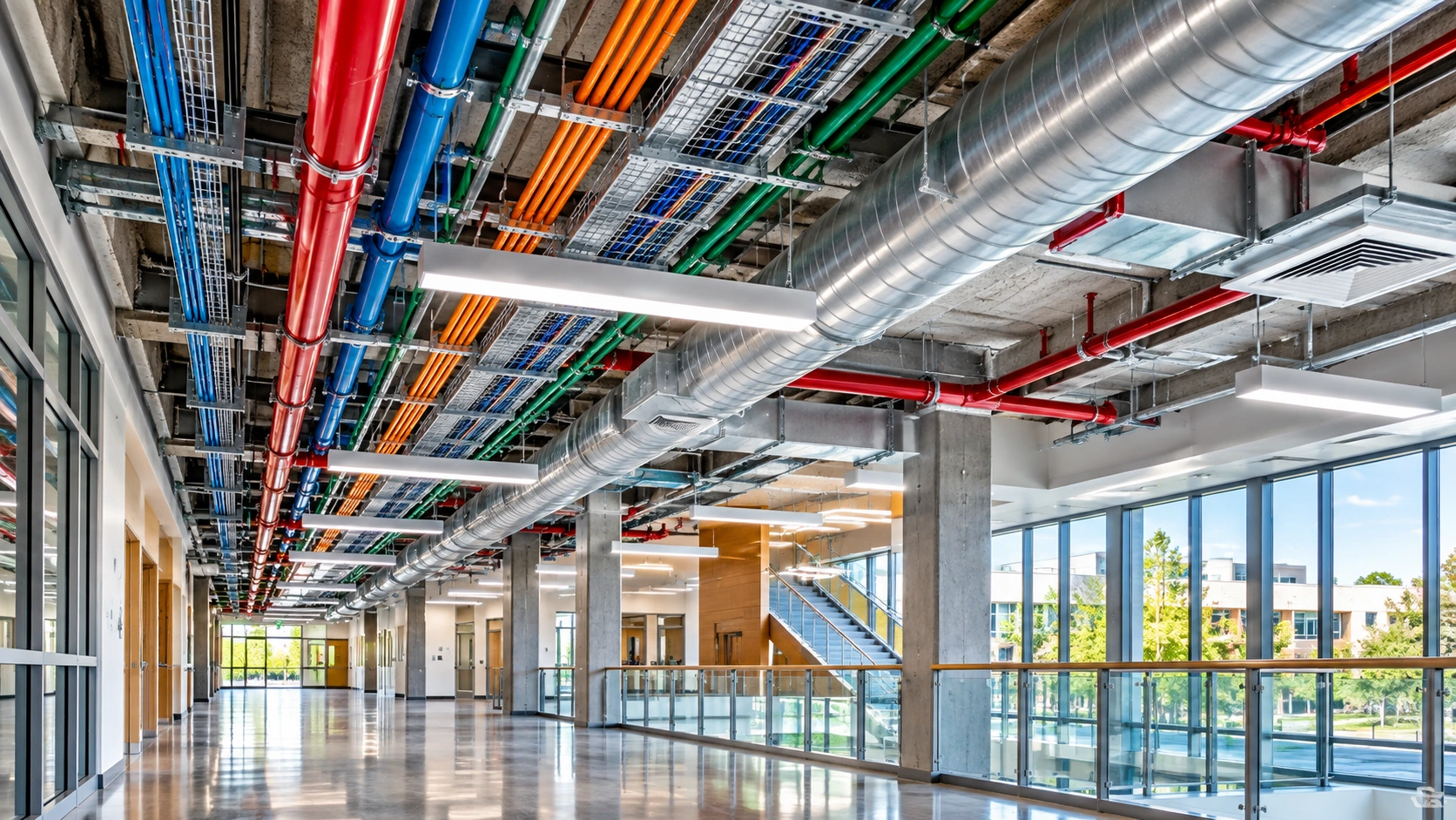Institutional building with coordinated exposed MEP services